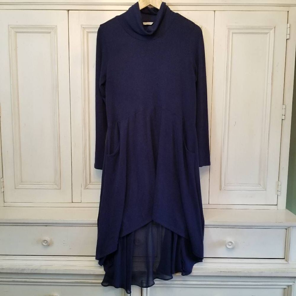 Soft Surroundings Navy Blue Slight Hi-Lo Knit Dress with Pockets M